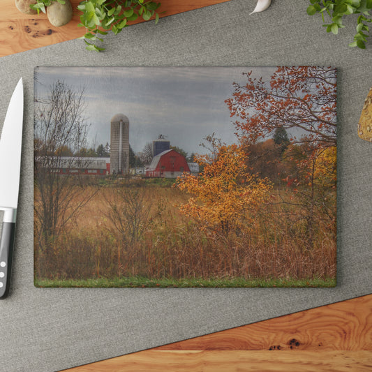 U R There Photography Vienna Road Red and Silo Rustic Farmhouse Tempered-Glass Cutting Board