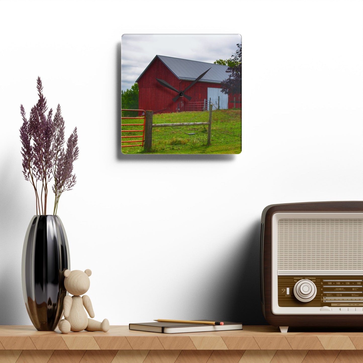 U R There Photography Slattery Red Rustic Farmhouse Acrylic Analog Wall Clock