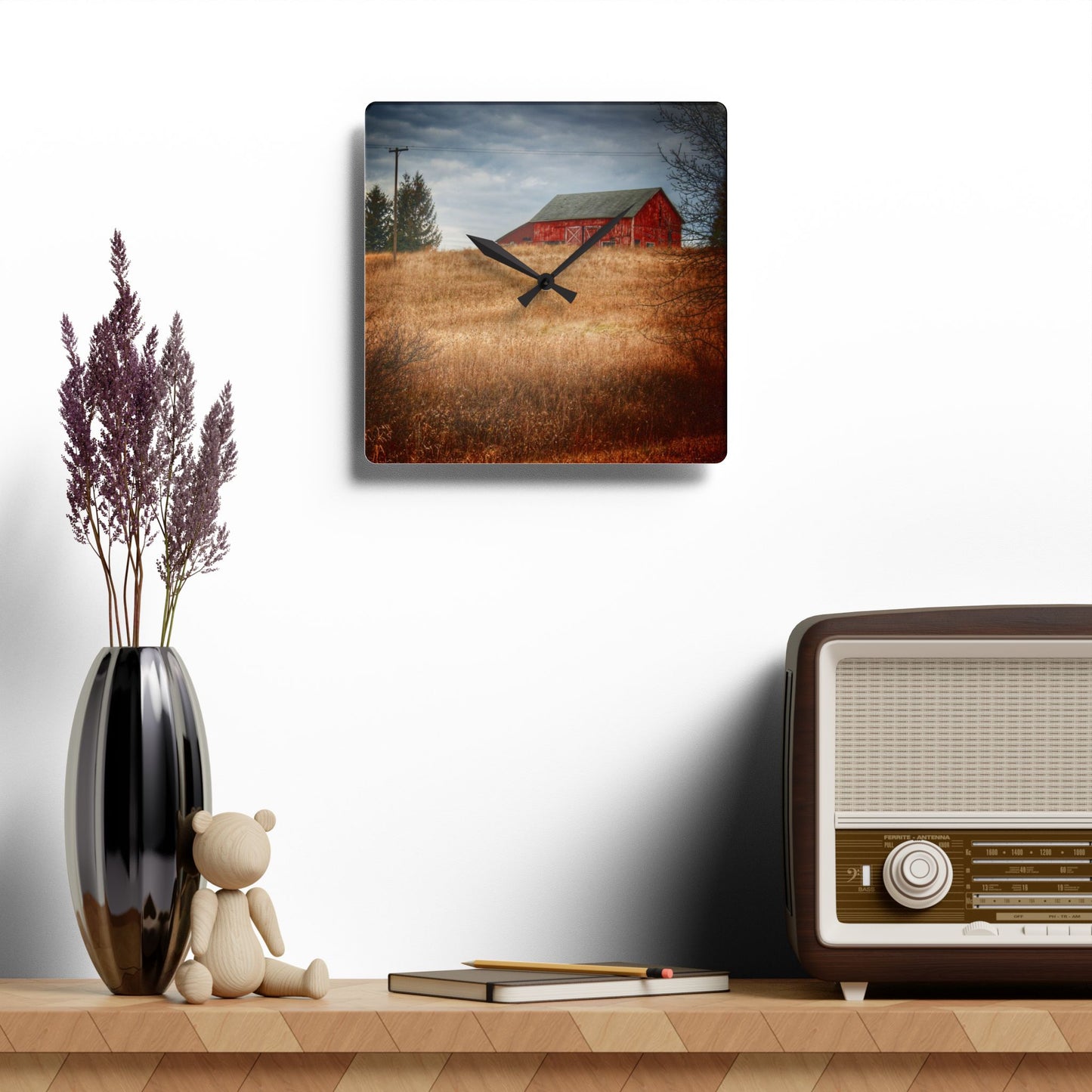 U R There Photography Grey Road Hillside Red II Rustic Farmhouse Acrylic Analog Wall Clock