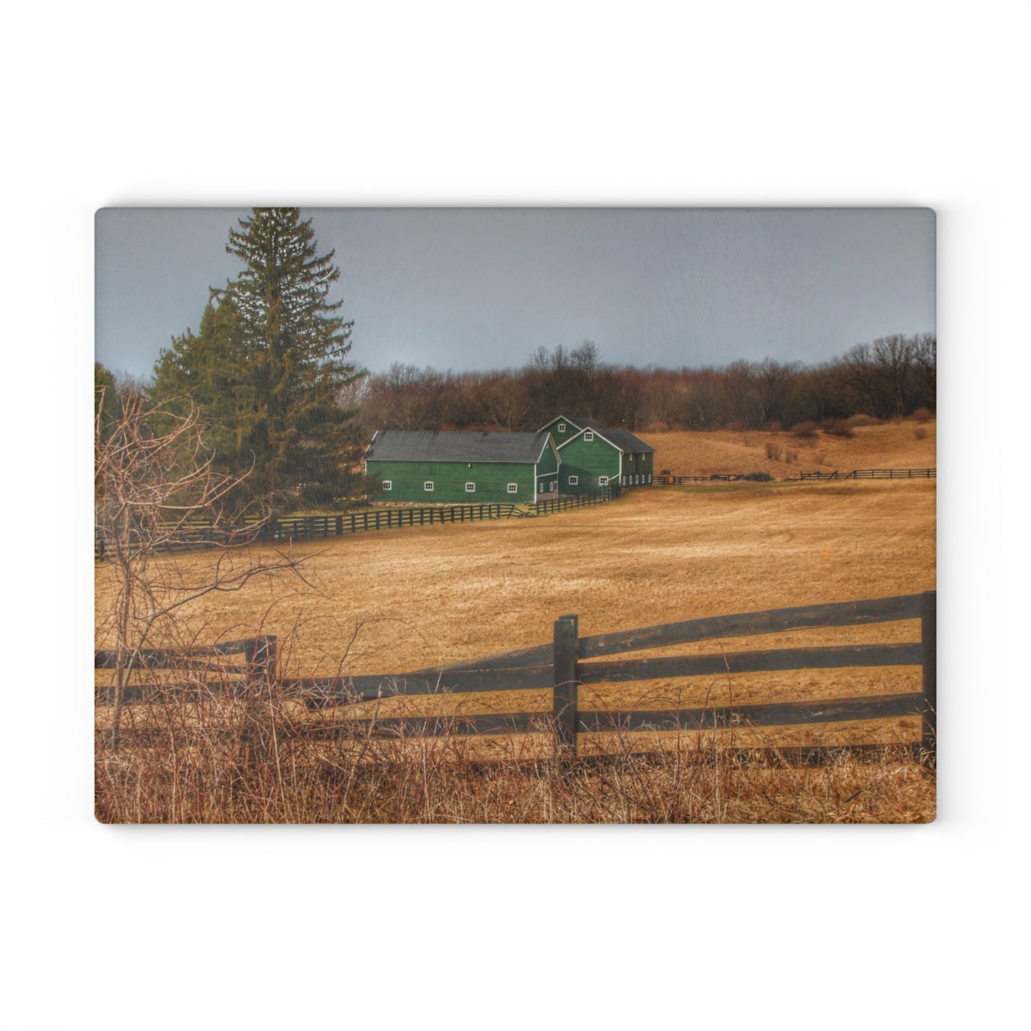 U R There Photography Green Barns and Broken Fences Rustic Farmhouse Tempered-Glass Cutting Board