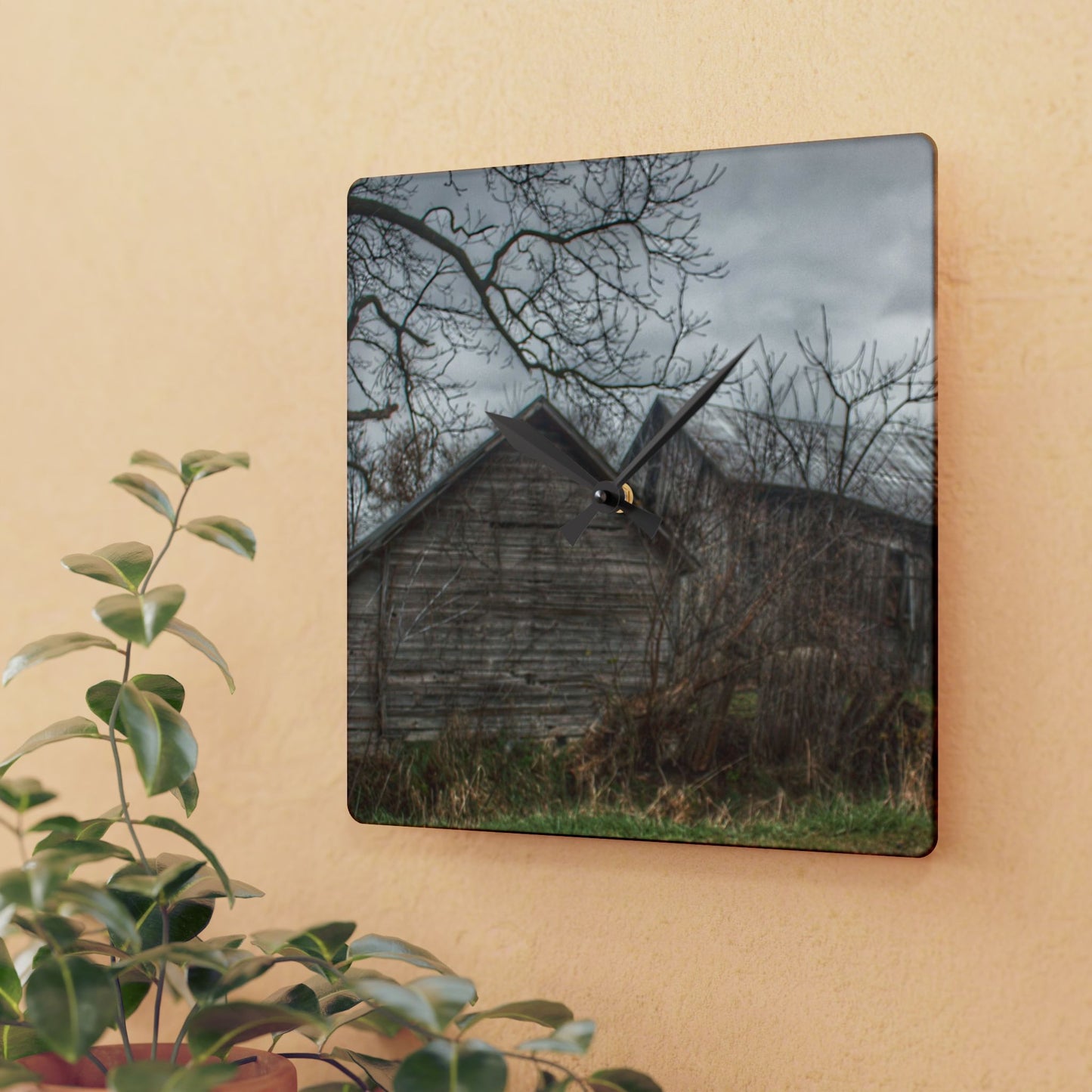 U R There Photography Bowers Road Greys II Rustic Farmhouse Acrylic Analog Wall Clock