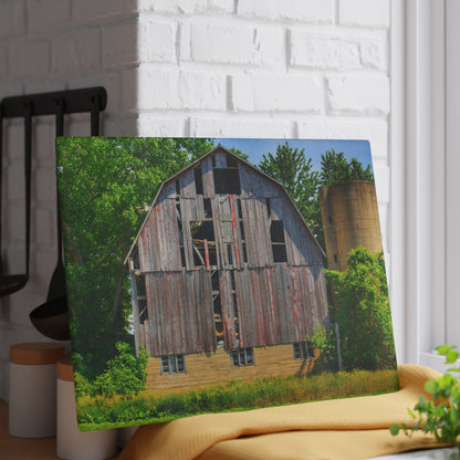U R There Photography Mushroom Road Red and Silo Rustic Farmhouse Tempered-Glass Cutting Board