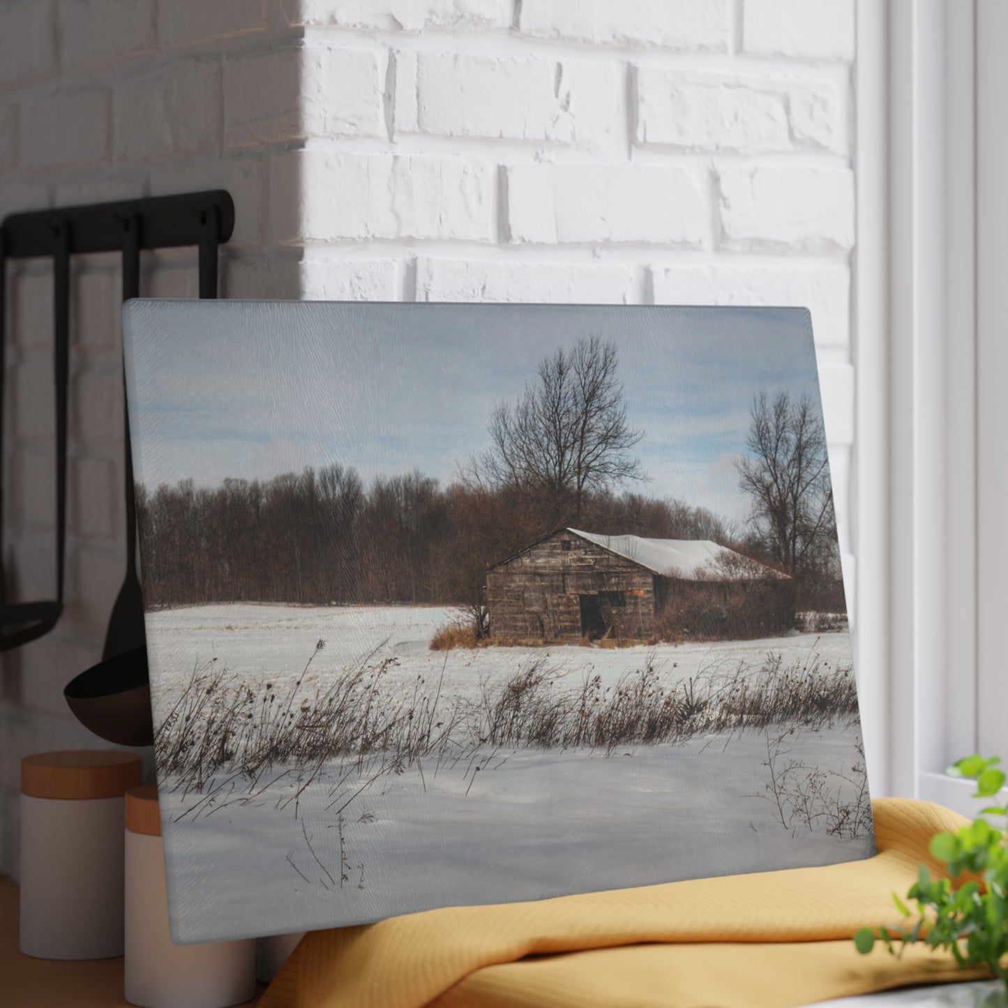 U R There Photography Frozen Grey Shack of Kingston Rustic Farmhouse Tempered-Glass Cutting Board