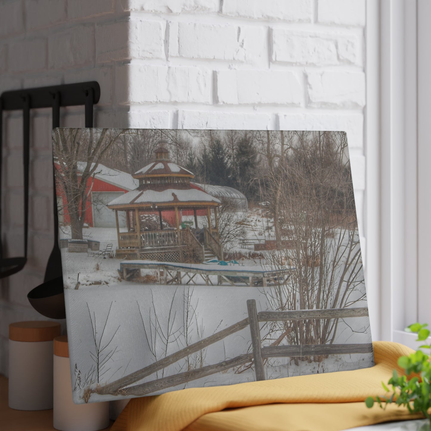 U R There Photography Columbiaville Gazebo in Winter Rustic Farmhouse Tempered-Glass Cutting Board