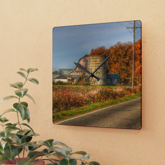 U R There Photography Plumb Creek Road Red in Fall II Rustic Farmhouse Acrylic Analog Wall Clock