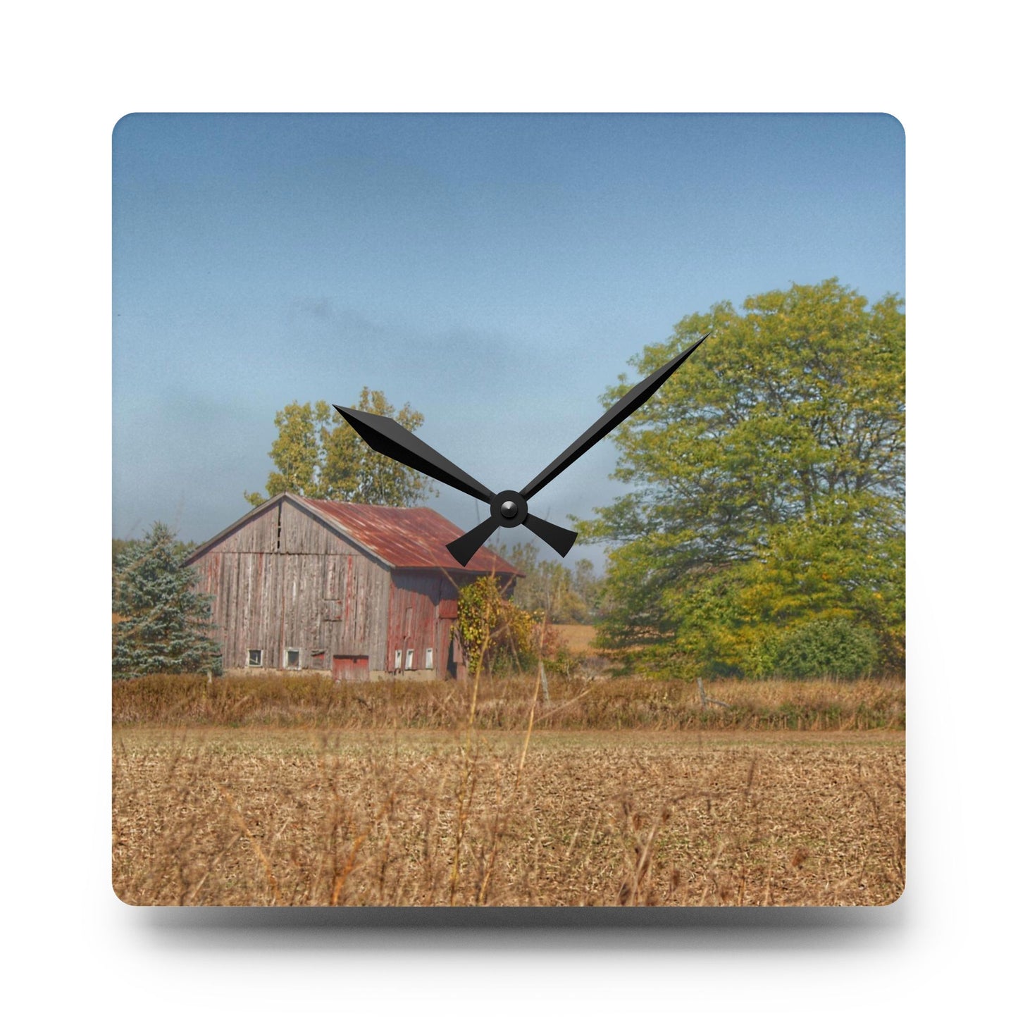 U R There Photography Brown City Wellman Line Road Little Red Rustic Farmhouse Acrylic Analog Wall Clock