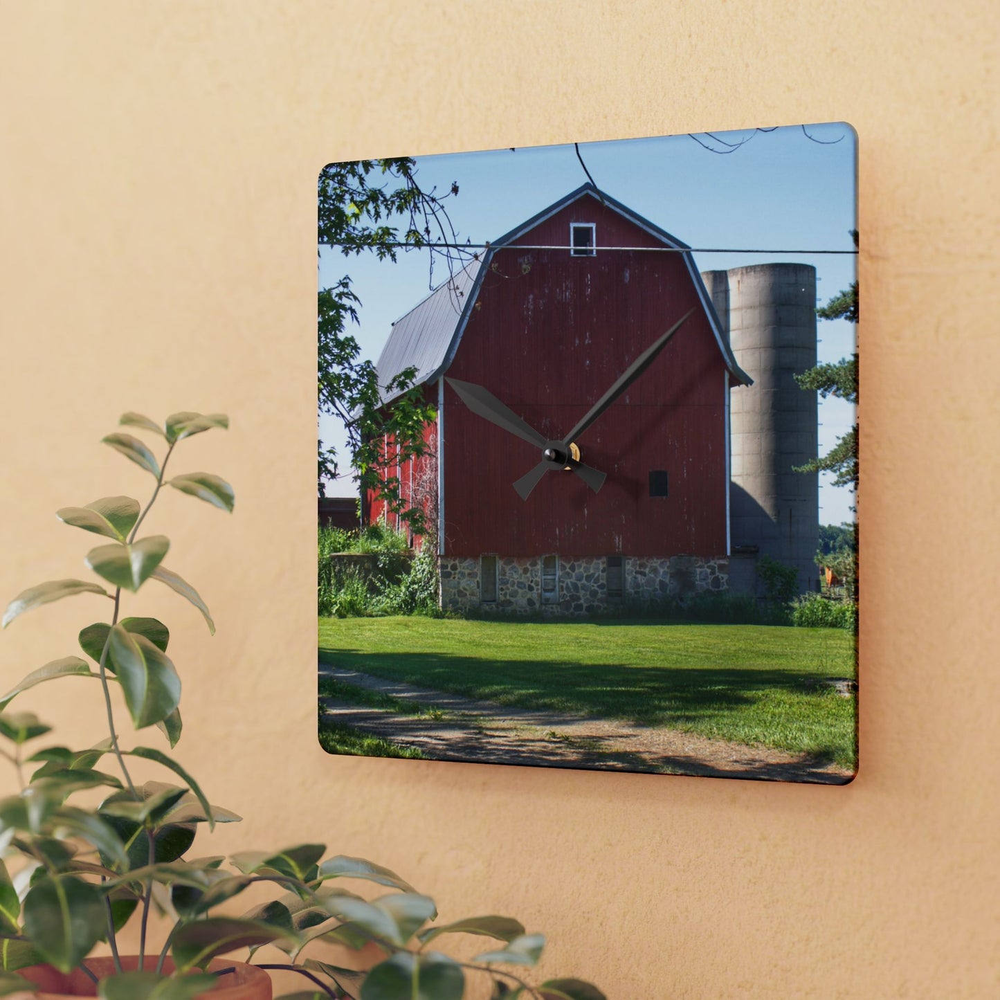 U R There Photography Mayville Road Red Rustic Farmhouse Acrylic Analog Wall Clock