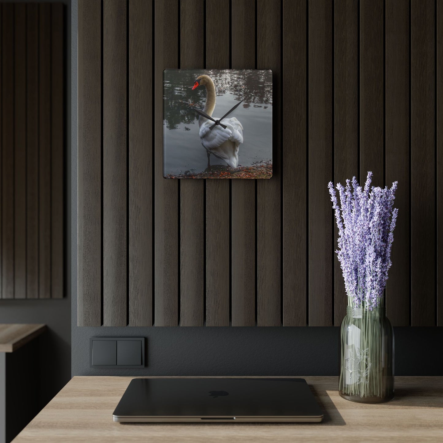 U R There Photography Swans of Duck Lake III Rustic Farmhouse Acrylic Analog Wall Clock