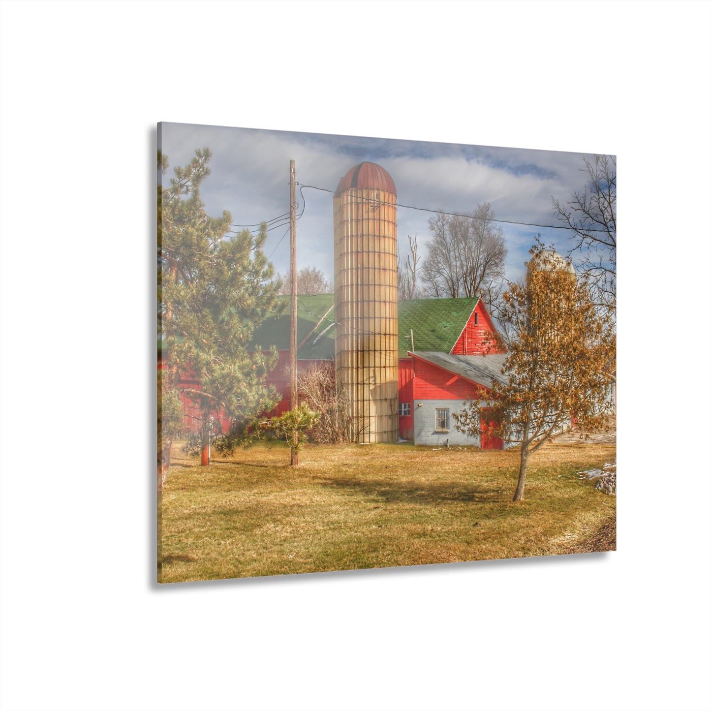 U R There Photography Newark Road Red and Silos II Rustic Farmhouse Acrylic Wall Print