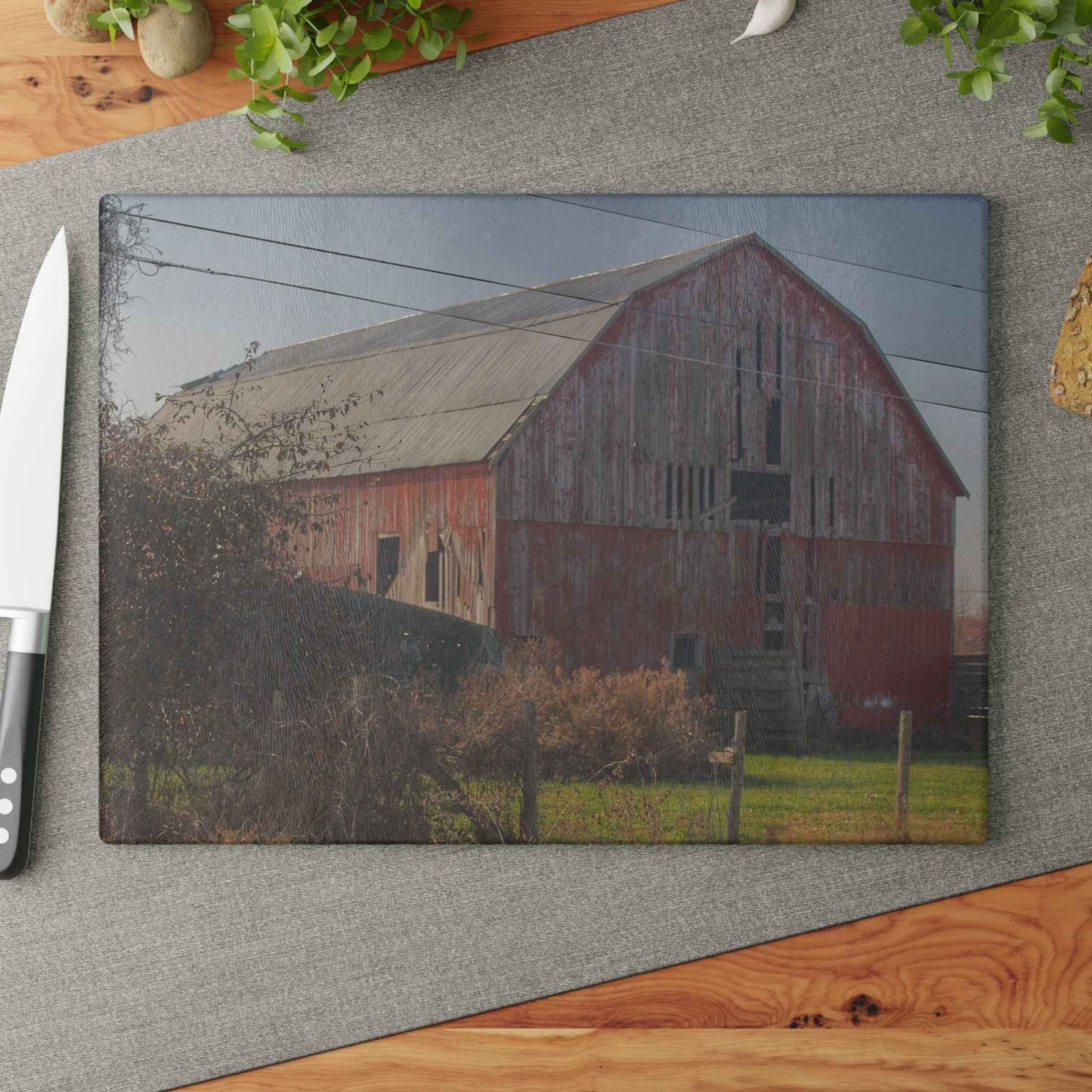 U R There Photography Dodge Road Red I Rustic Farmhouse Tempered-Glass Cutting Board