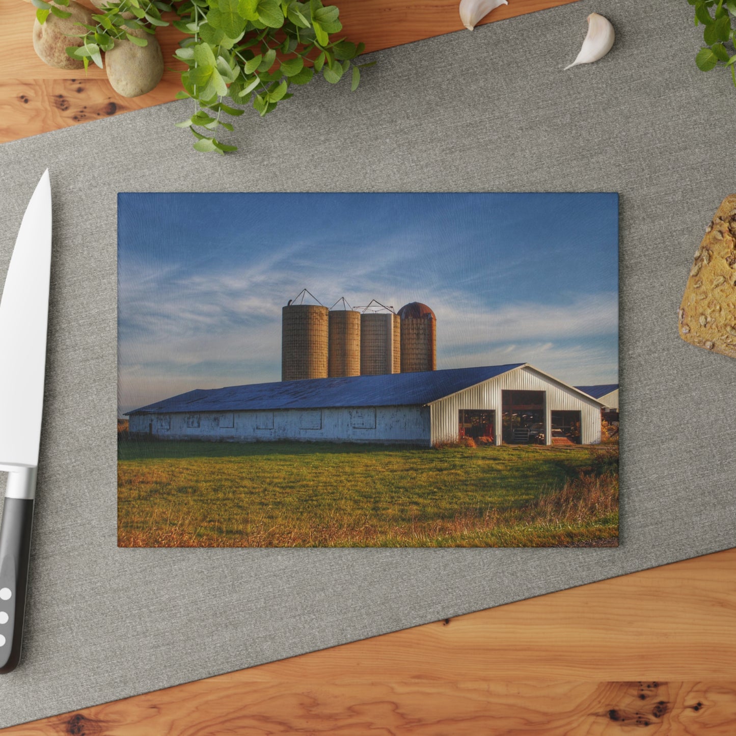 U R There Photography Peck White and Silos Rustic Farmhouse Tempered-Glass Cutting Board