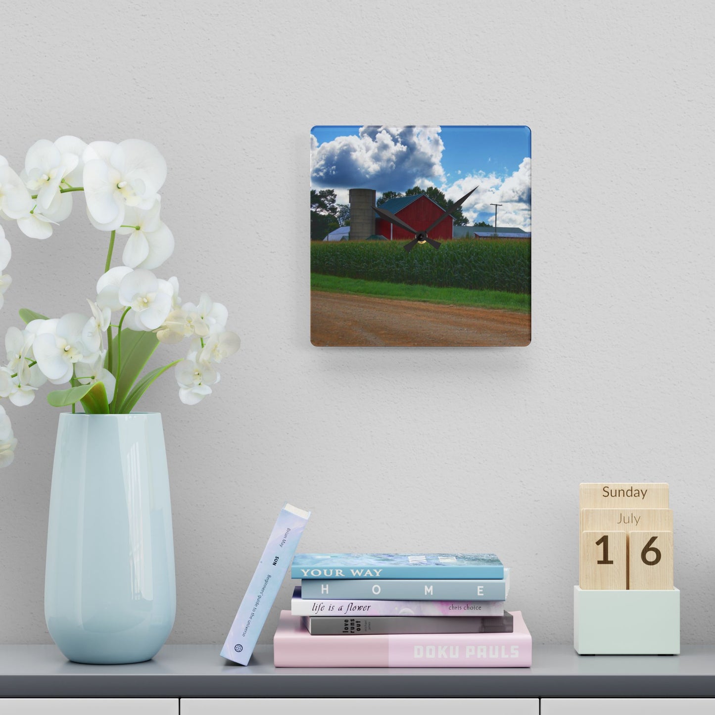 U R There Photography East Brown Road Red Rustic Farmhouse Acrylic Analog Wall Clock