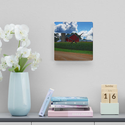 U R There Photography East Brown Road Red Rustic Farmhouse Acrylic Analog Wall Clock