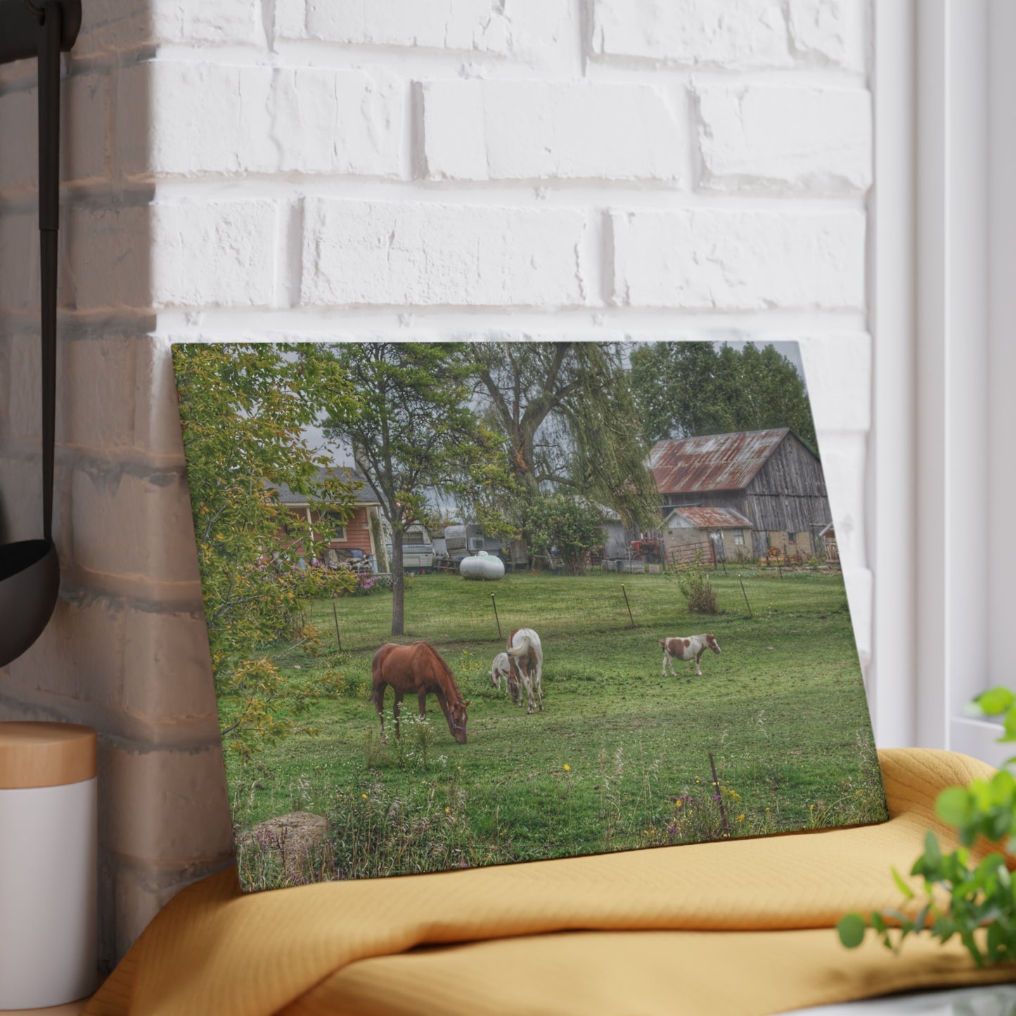 U R There Photography Front Yard Ponies Rustic Farmhouse Tempered-Glass Cutting Board