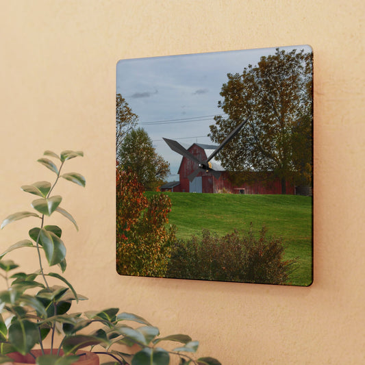 U R There Photography Maple Leaf Road Red Rustic Farmhouse Acrylic Analog Wall Clock