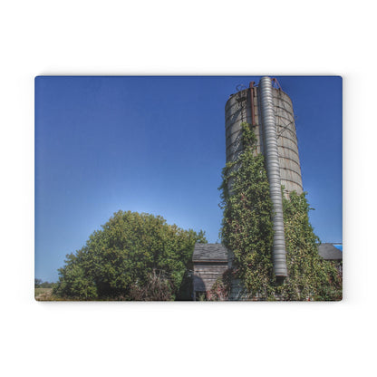 U R There Photography Bordman Road Old Grey and Silo I Rustic Farmhouse Tempered-Glass Cutting Board