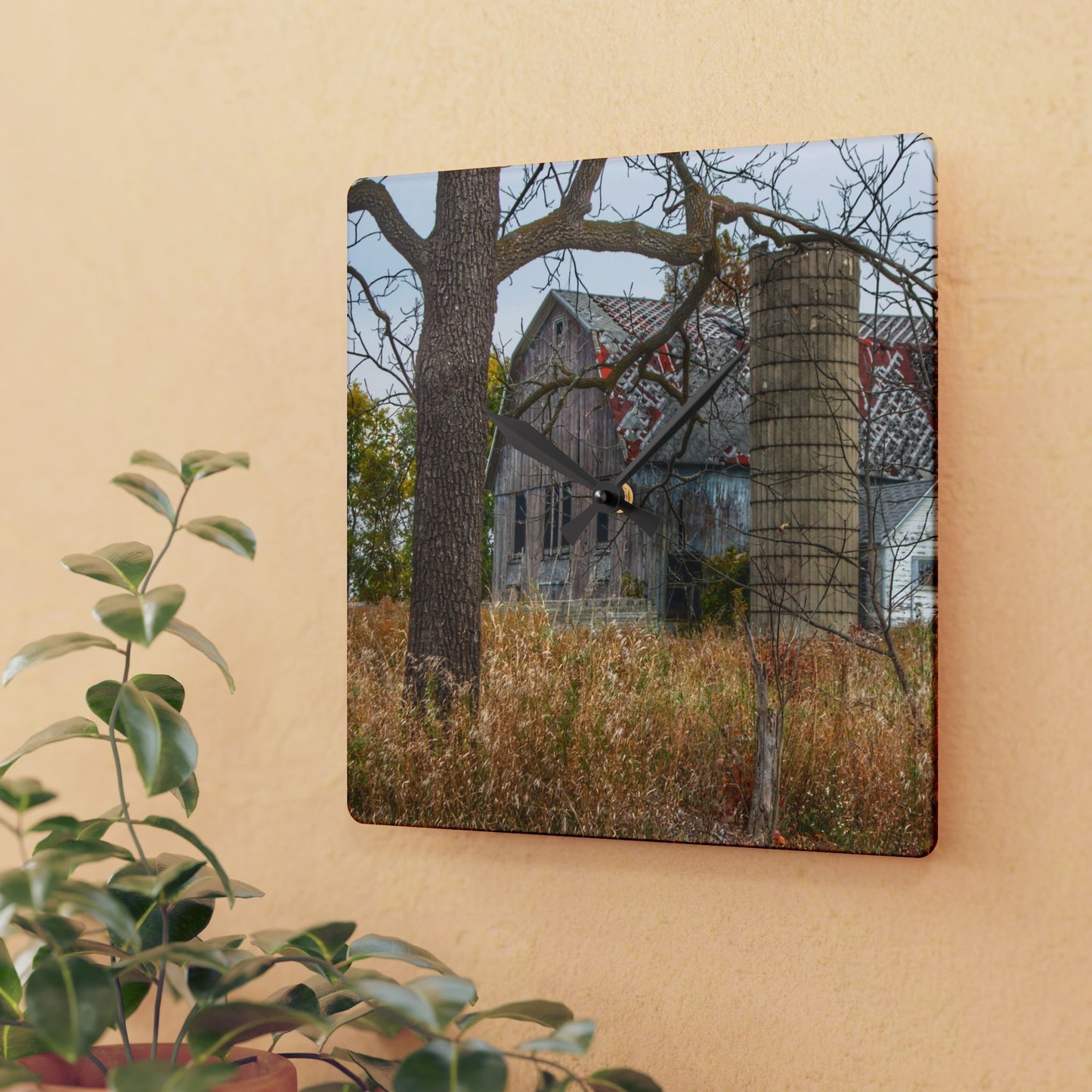 U R There Photography Hill Road Roadside Grey II Rustic Farmhouse Acrylic Analog Wall Clock