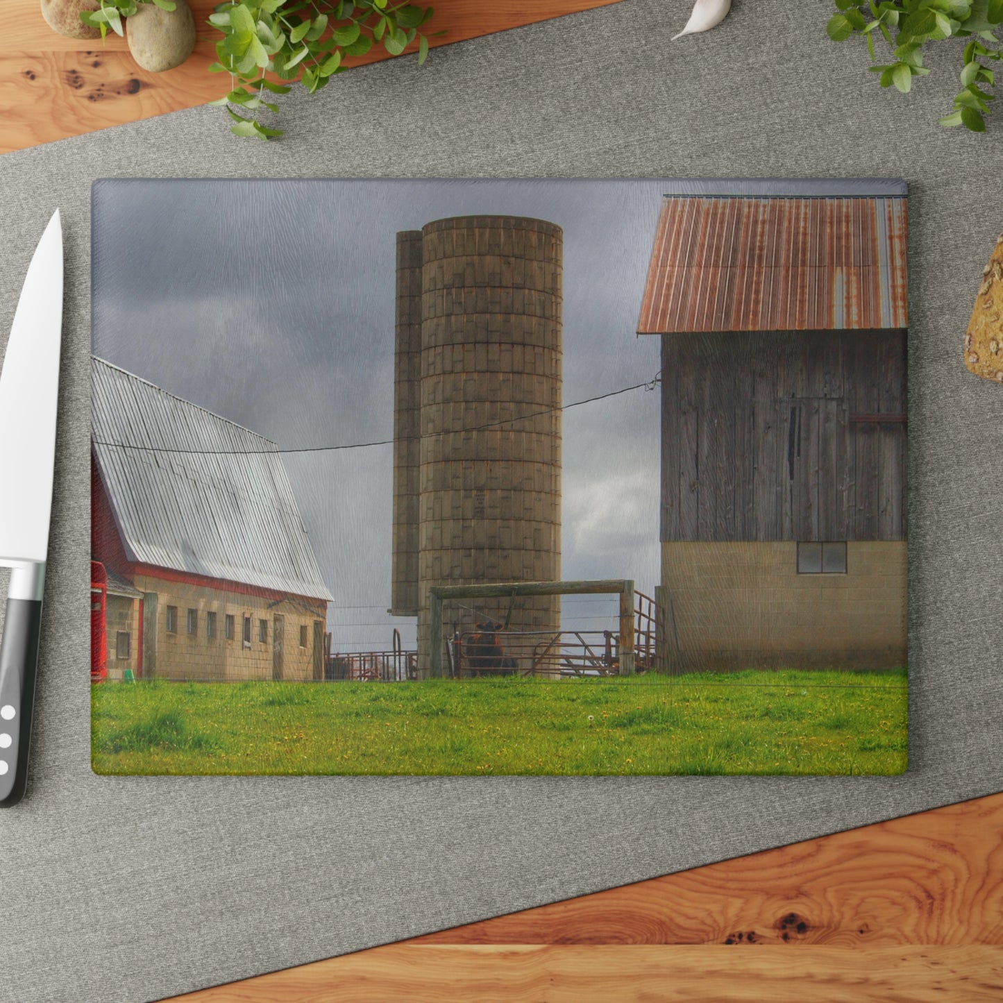 U R There Photography Clothier Road Grey and Silo Rustic Farmhouse Tempered-Glass Cutting Board