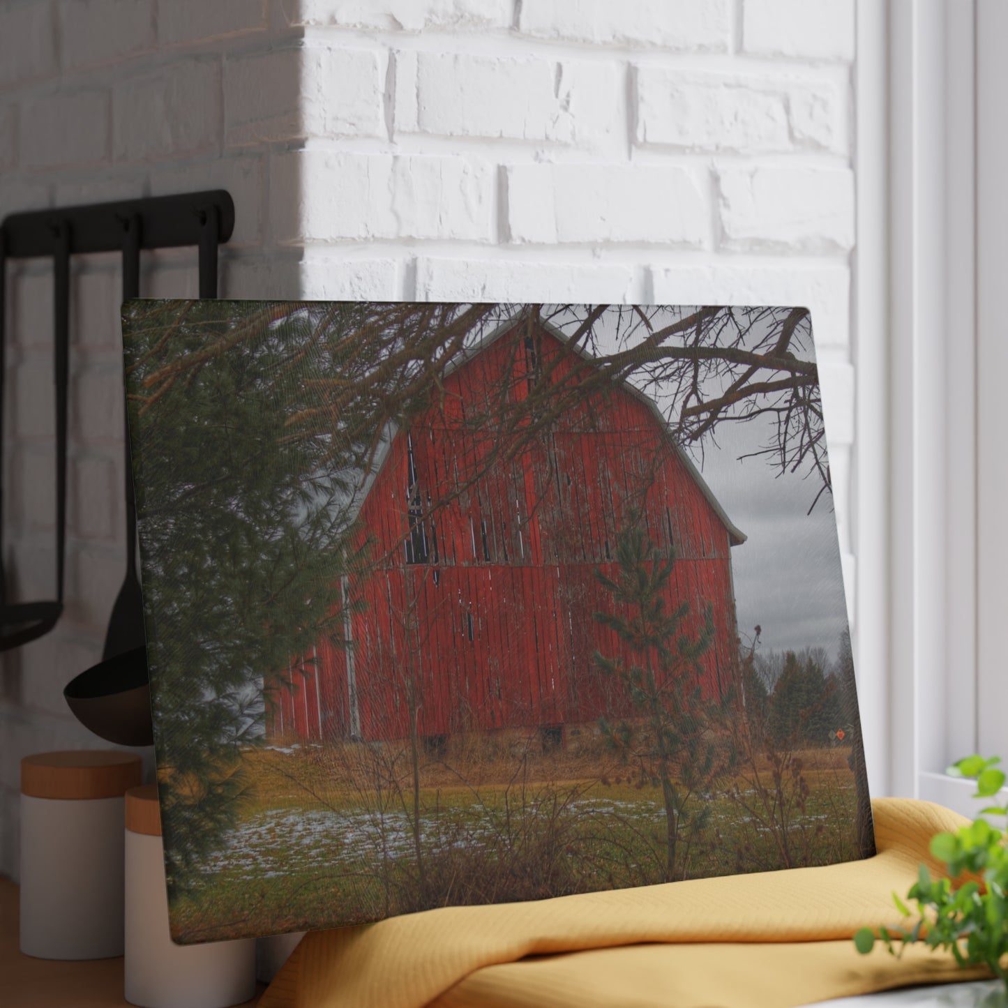 U R There Photography Johnsonmill Road Hidden Red Rustic Farmhouse Tempered-Glass Cutting Board