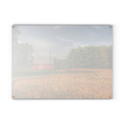 U R There Photography Red Barn on Golden Field Rustic Farmhouse Tempered-Glass Cutting Board