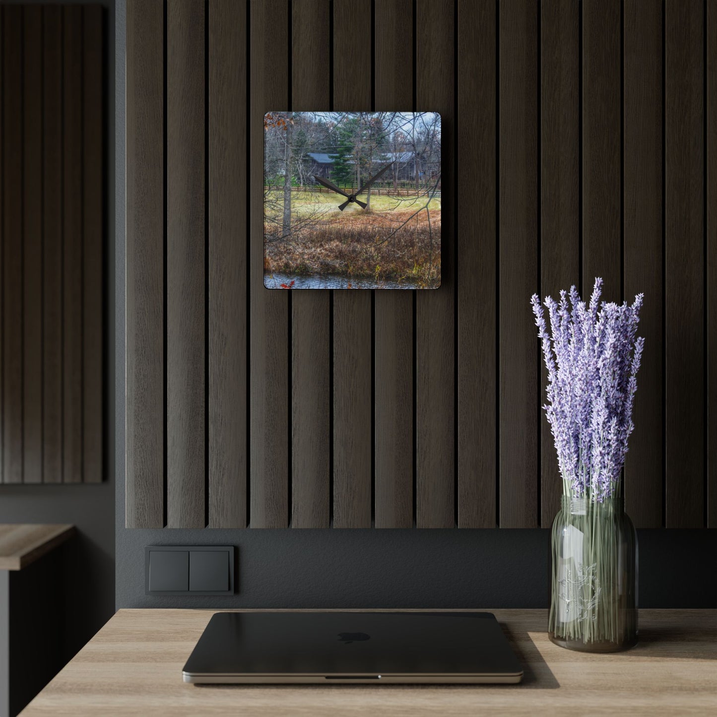 U R There Photography Brewer Road Hidden Grey Rustic Farmhouse Acrylic Analog Wall Clock