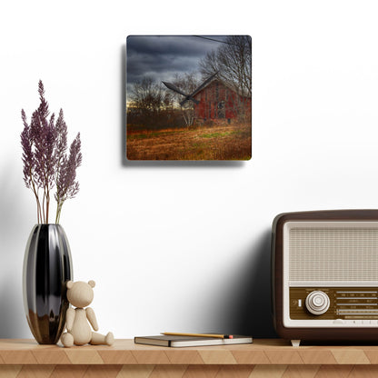 U R There Photography December Fieldstone Red Rustic Farmhouse Acrylic Analog Wall Clock