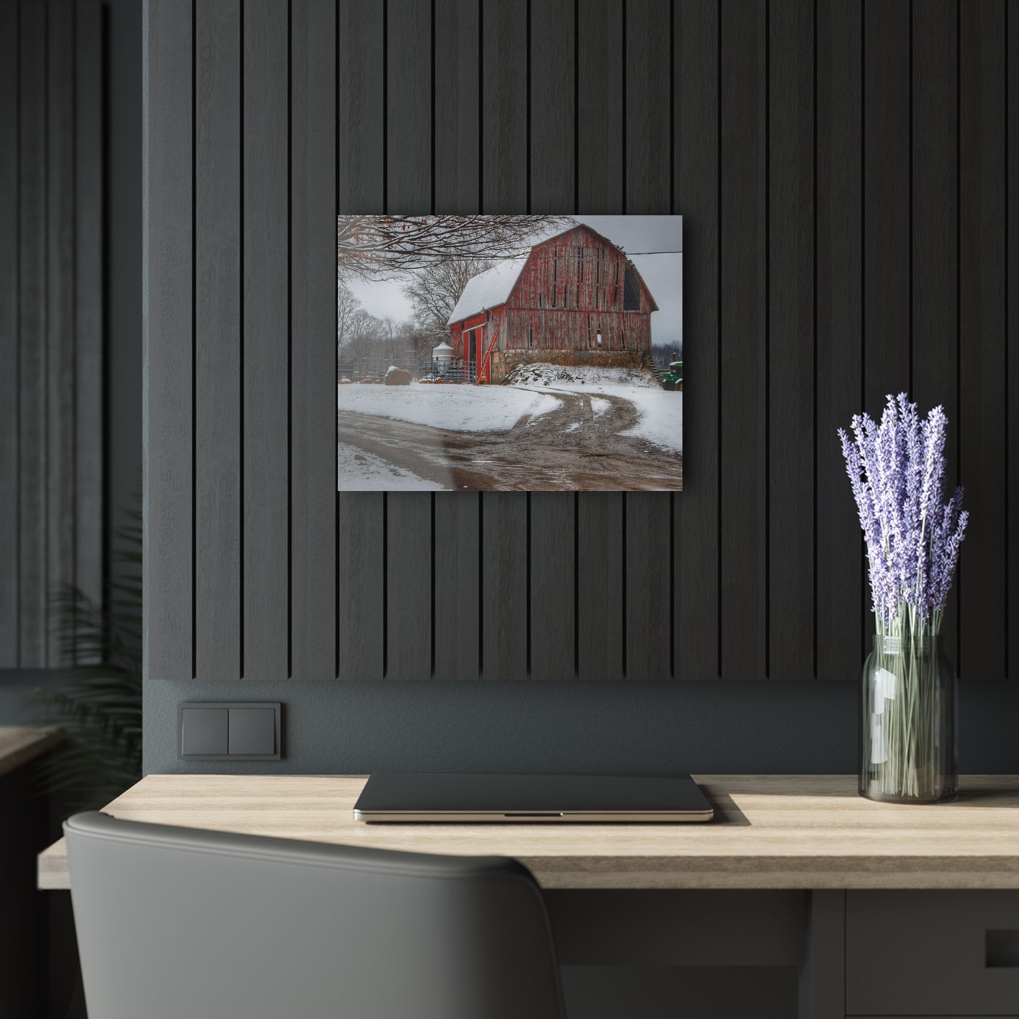 U R There Photography Marathon Road Red in Winter Rustic Farmhouse Acrylic Wall Print