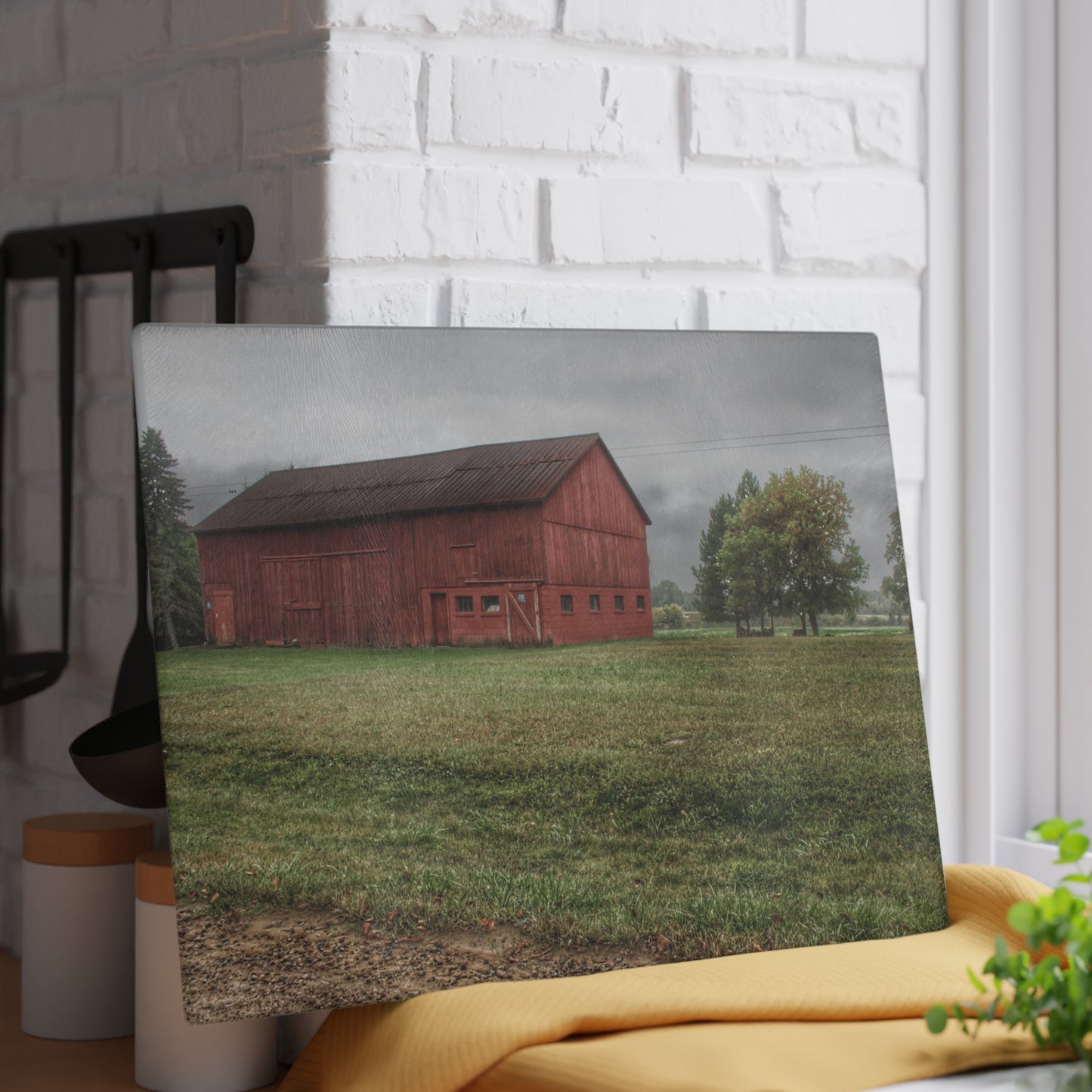 U R There Photography Birch Road Red Rustic Farmhouse Tempered-Glass Cutting Board