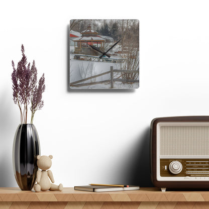 U R There Photography Columbiaville Gazebo in Winter Rustic Farmhouse Acrylic Analog Wall Clock