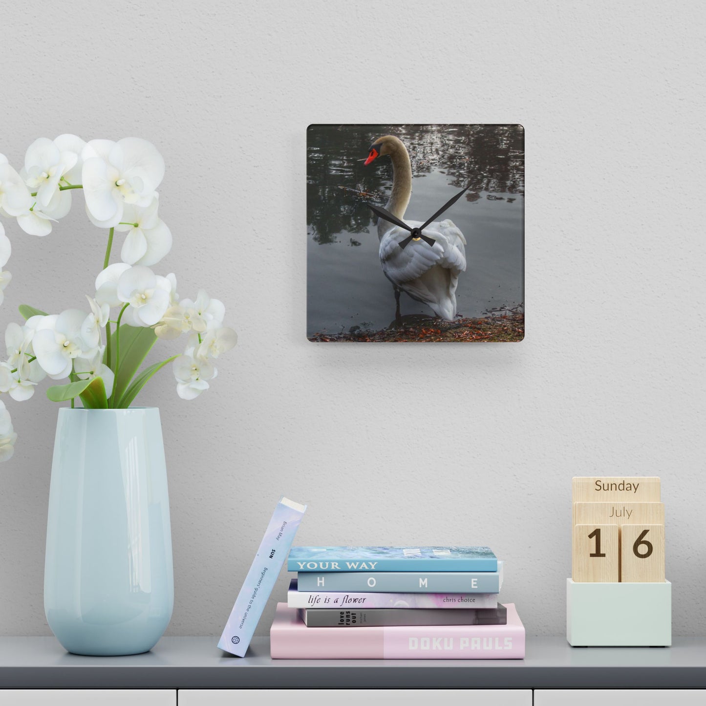 U R There Photography Swans of Duck Lake III Rustic Farmhouse Acrylic Analog Wall Clock