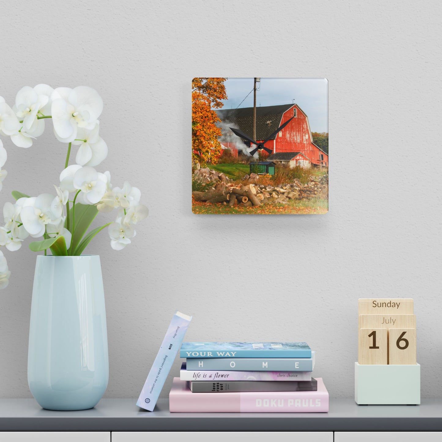 U R There Photography Greenwood Road Red in the Fall Rustic Farmhouse Acrylic Analog Wall Clock