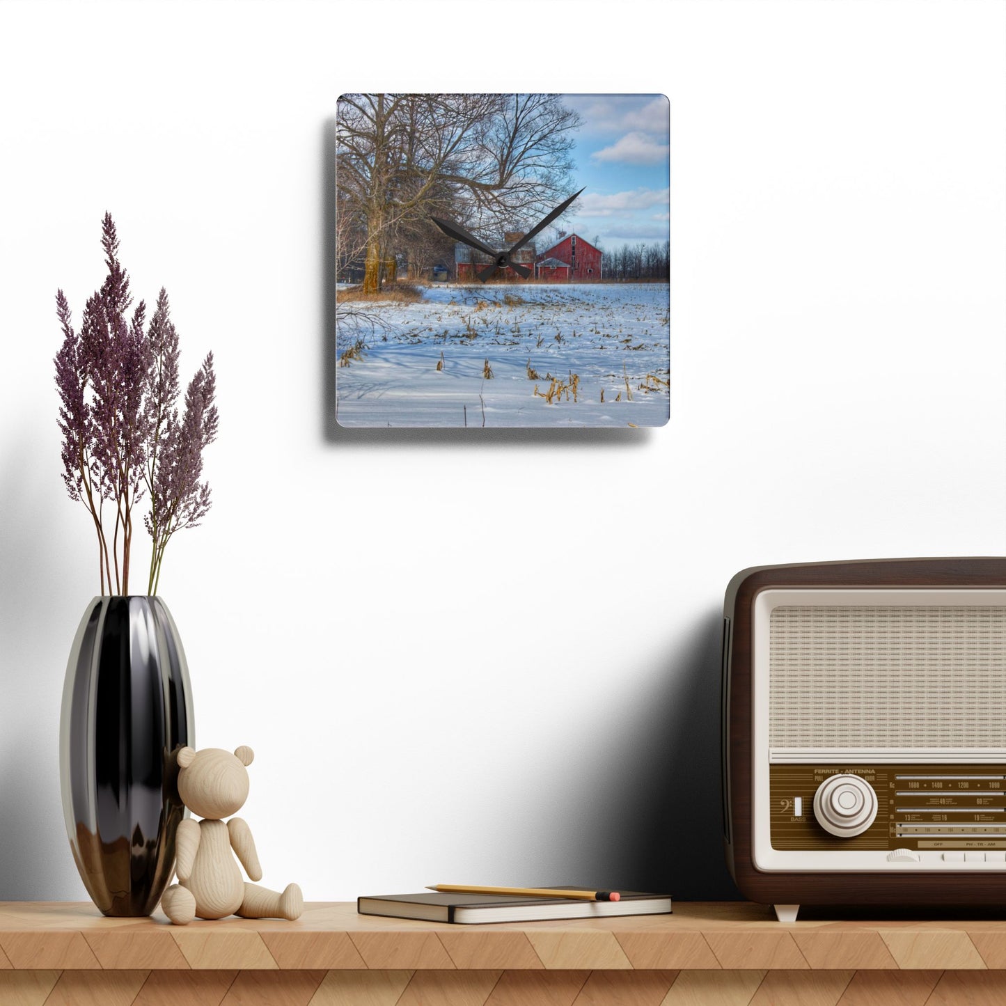 U R There Photography Across Barnes Road Frozen Cornfield Rustic Farmhouse Acrylic Analog Wall Clock