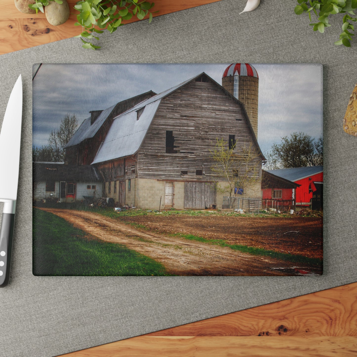 U R There Photography Murphy Lake Road Grey I Rustic Farmhouse Tempered-Glass Cutting Board