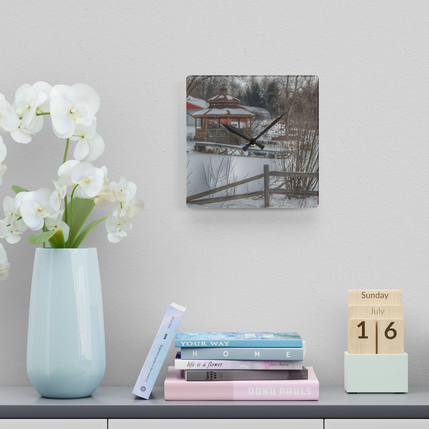 U R There Photography Columbiaville Gazebo in Winter Rustic Farmhouse Acrylic Analog Wall Clock