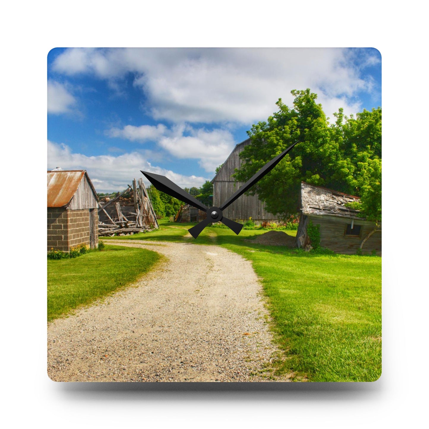 U R There Photography Brown City Road Barn and Buddy II Rustic Farmhouse Acrylic Analog Wall Clock