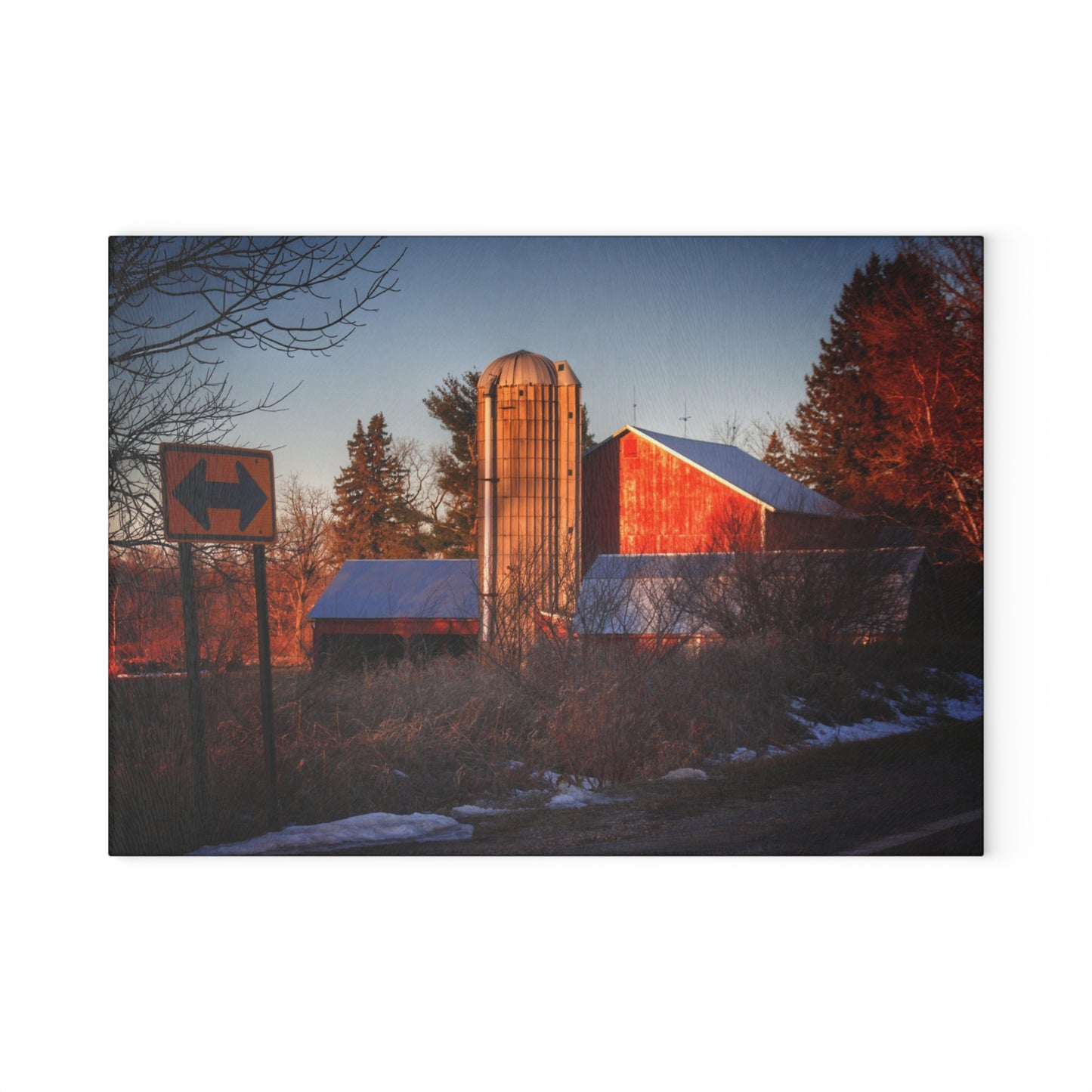 U R There Photography Mount Morris Road Reds and Silo in Winter Rustic Farmhouse Tempered-Glass Cutting Board