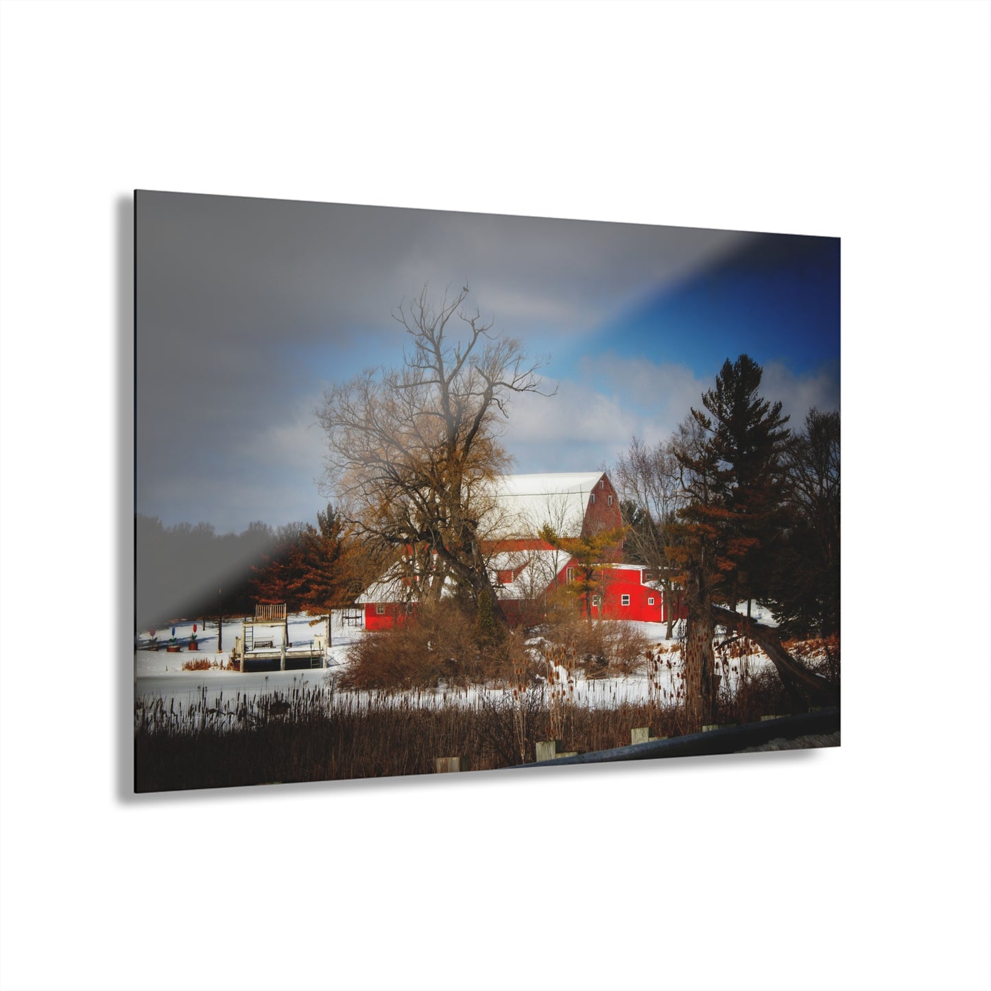 U R There Photography Hadley Road Hidden Red in Winter Rustic Farmhouse Acrylic Wall Print