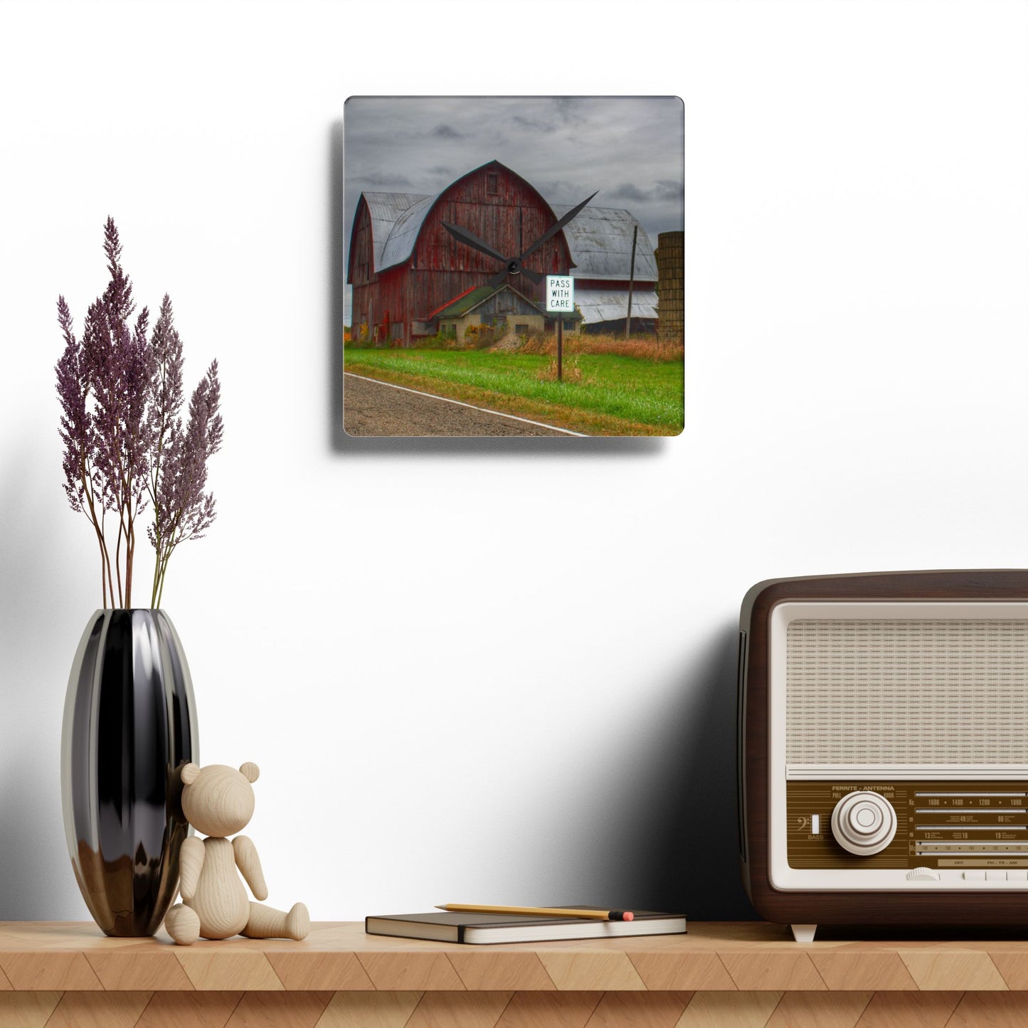 U R There Photography Valentine Road Red II Rustic Farmhouse Acrylic Analog Wall Clock