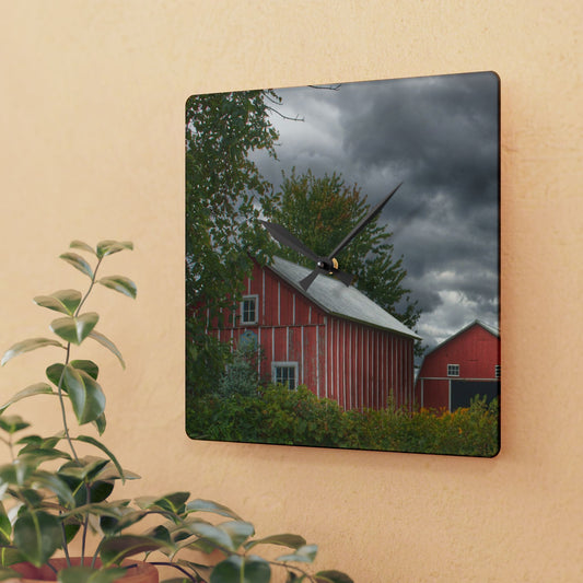 U R There Photography Pinstripe Barn and Buddy I Rustic Farmhouse Acrylic Analog Wall Clock