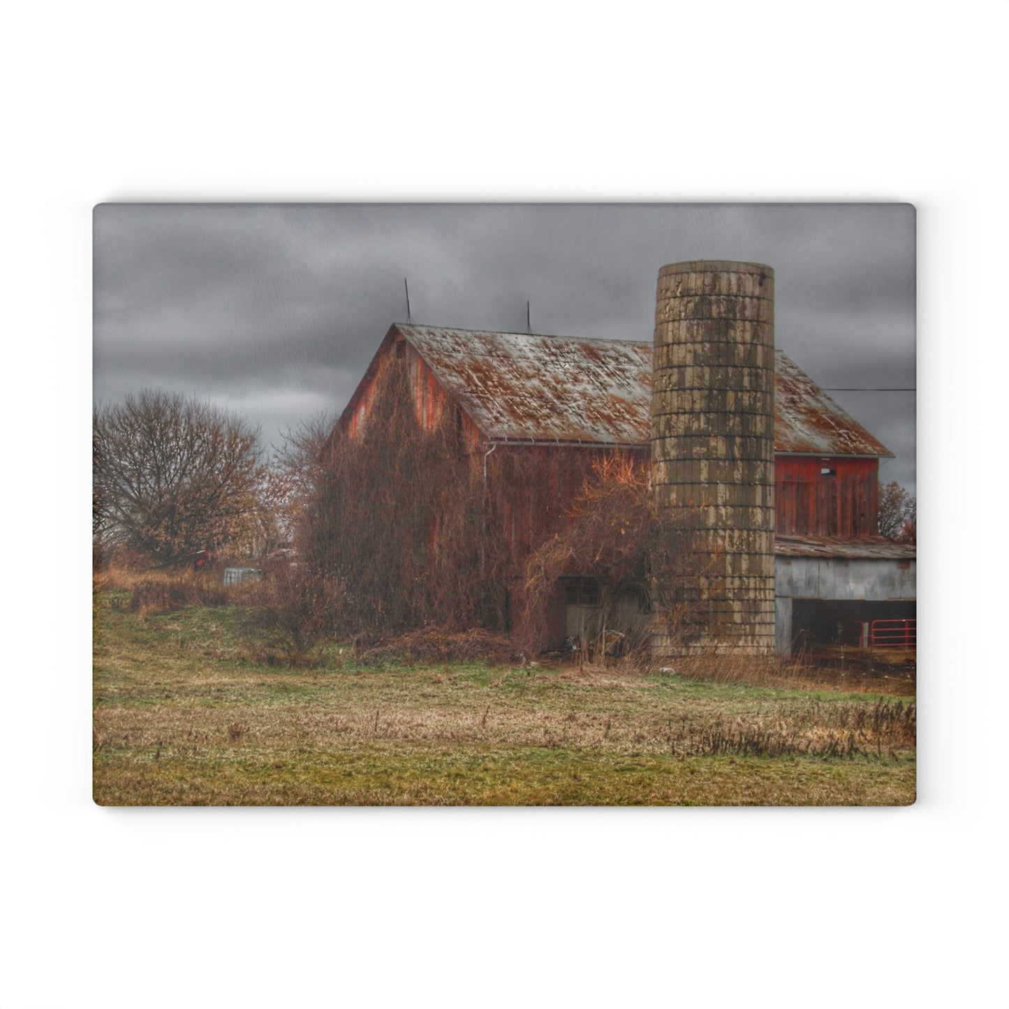 U R There Photography Slattery Road Old Red and Silo I Rustic Farmhouse Tempered-Glass Cutting Board