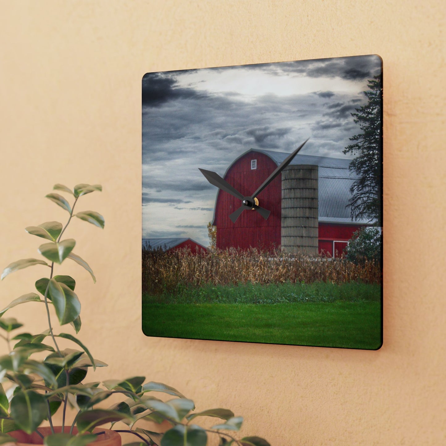 U R There Photography Haines Roadside Red and Silo Rustic Farmhouse Acrylic Analog Wall Clock