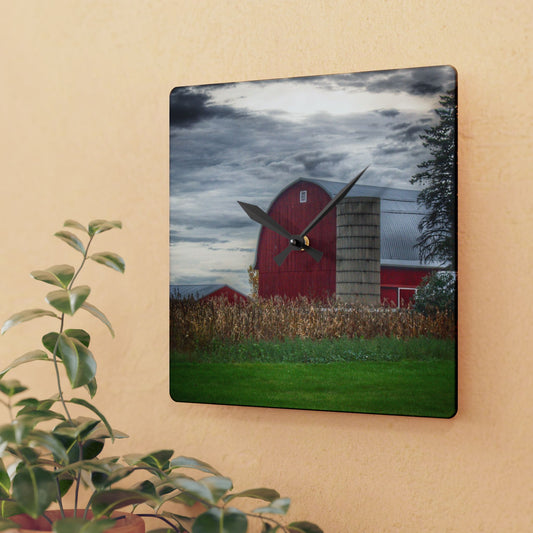 U R There Photography Haines Roadside Red and Silo Rustic Farmhouse Acrylic Analog Wall Clock