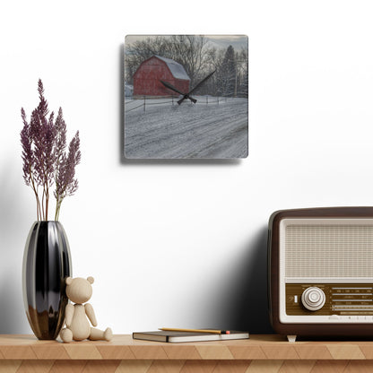 U R There Photography Phillips Road Winter Red Rustic Farmhouse Acrylic Analog Wall Clock