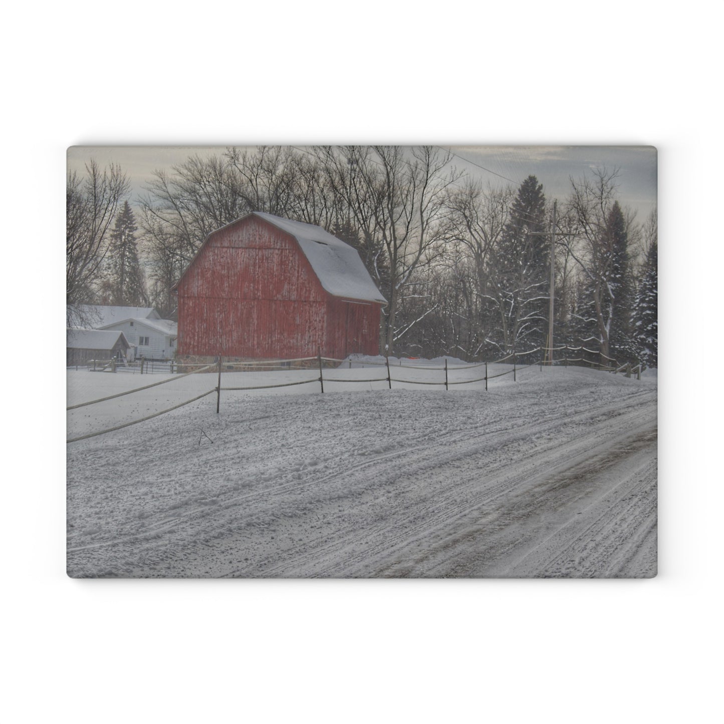 U R There Photography Phillips Road Winter Red Rustic Farmhouse Tempered-Glass Cutting Board