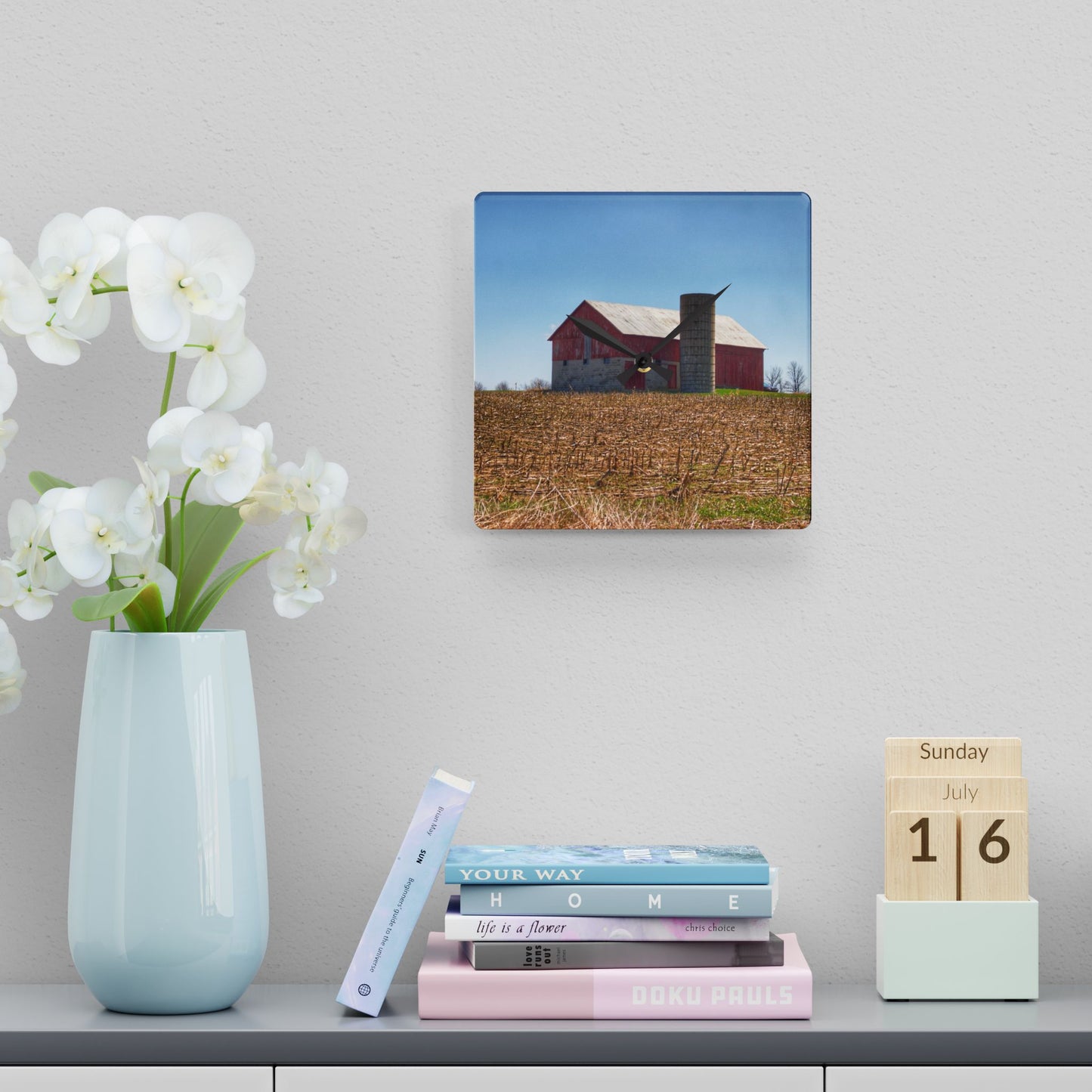 U R There Photography Lee Hill Road Block Red Rustic Farmhouse Acrylic Analog Wall Clock