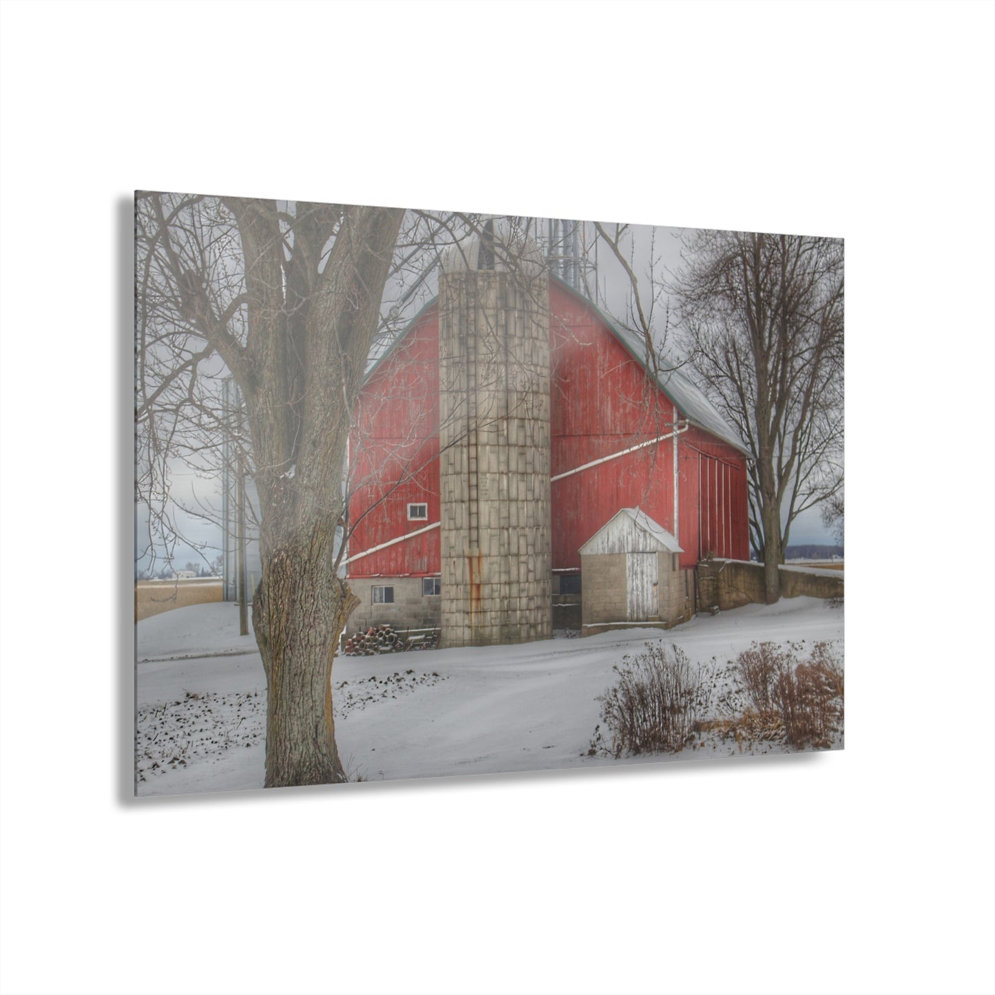 U R There Photography Frenchline Road Red in Winter Rustic Farmhouse Acrylic Wall Print