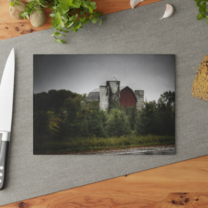 U R There Photography Castle Road Red and Silos in the Rain Rustic Farmhouse Tempered-Glass Cutting Board