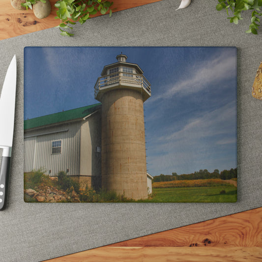 U R There Photography Phelps Road Lighthouse Barn II Rustic Farmhouse Tempered-Glass Cutting Board