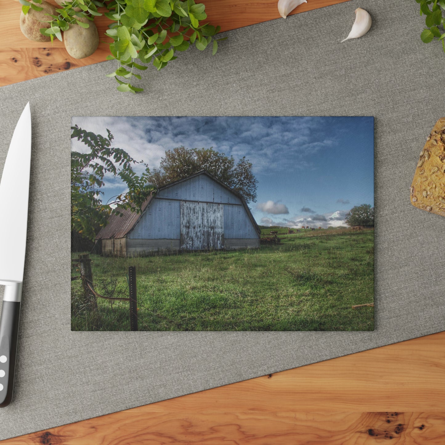 U R There Photography East Frances Quonset and Cows Rustic Farmhouse Tempered-Glass Cutting Board