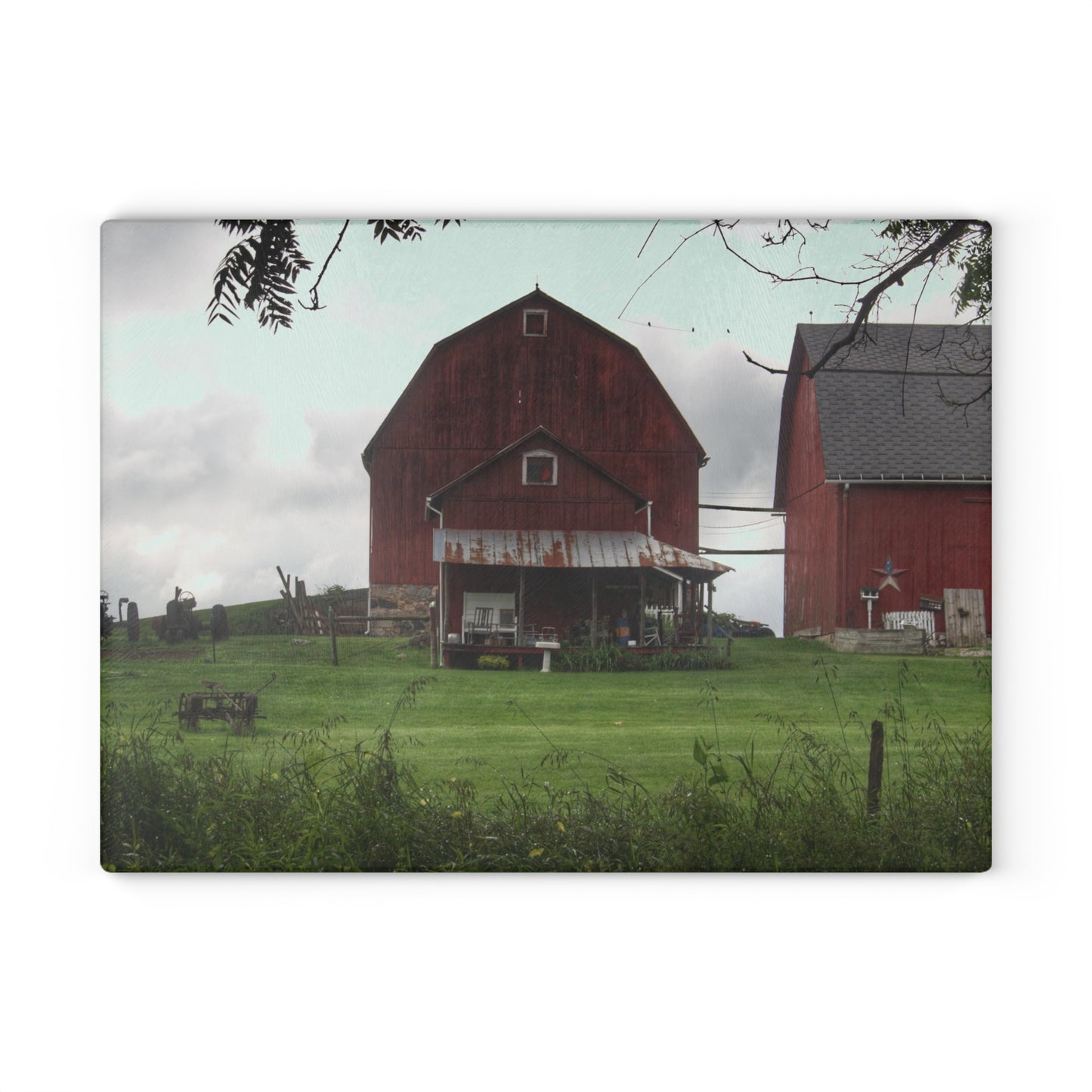 U R There Photography Bishop Road Reds II Rustic Farmhouse Tempered-Glass Cutting Board 8"x 11"